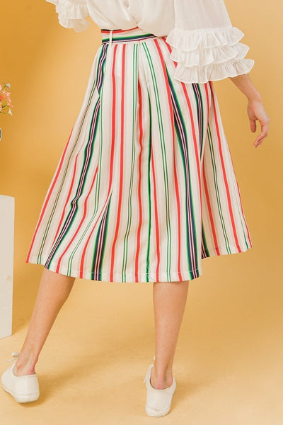 Our Best 100% Polyester Multi-Color Pleated Side Seam Pocket Back Zip Detail Woven Midi Skirt (Ivory)