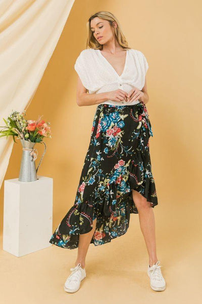 Floral Ruffle Skirt With Trim High Low.