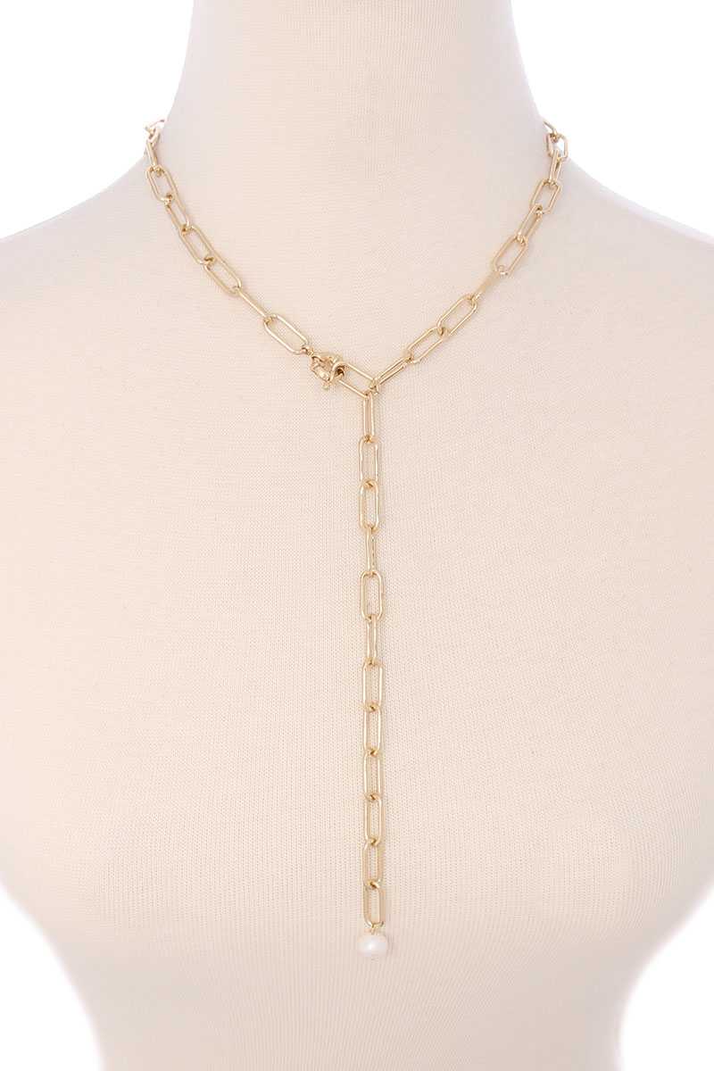 Metal Chain Y Neck Pearl Dangle Necklace
