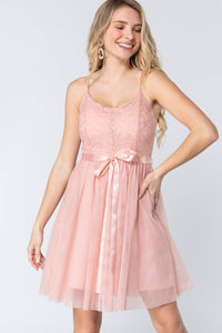 Lacie Stacie 100% Polyester Lace Satin Sash Tie  Lace Mesh Sweetheart Neckline Backless Cami Mini Dress (Mauve)