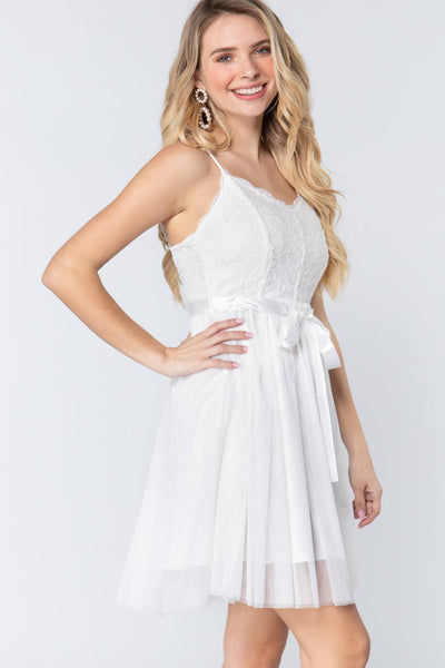 Lacie Stacie Lace Satin Sash Tie 100% Polyester Lace Mesh Sweetheart Neckline Backless Cami Mini Dress (Off White)