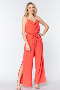 The Sophia Sophisticate 100% Polyester Adjustable Cami Straps Sleeveless Sash Belt Slit Detail Flared Leg Woven Jumpsuit (Watermelon))