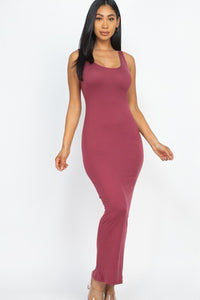Body Sculpting Polyester Blend Stretch Knit Sleeveless Scoop Neck Solid Color Basic Maxi Dress (Nocturne)
