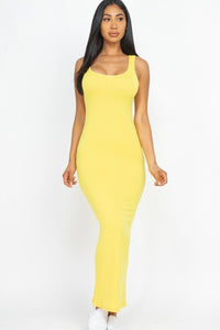 Body Sculpting Polyester Blend Stretch Knit Sleeveless Scoop Neck Solid Color Basic Maxi Dress (Yellow)