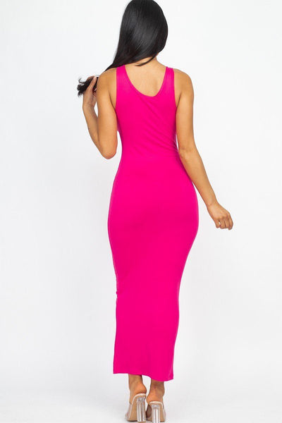 Body Sculpting Polyester Blend Stretch Knit Sleeveless Scoop Neck Solid Color Basic Maxi Dress (Fuchsia)