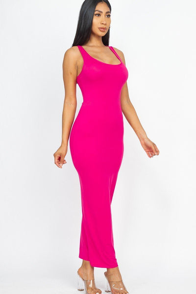 Body Sculpting Polyester Blend Stretch Knit Sleeveless Scoop Neck Solid Color Basic Maxi Dress (Fuchsia)