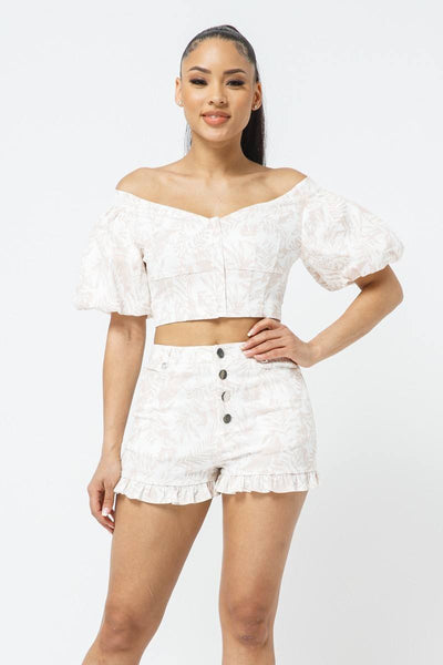 Our Best Cotton Blend Off-Shoulder Puff Sleeve Crop Top With Front Zipped Matching Shorts Two Piece Set (Rose)