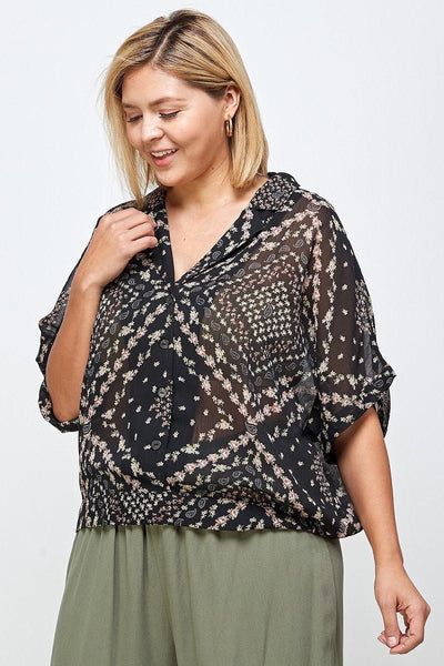 Floral Scarf Printed Button-up Blouse