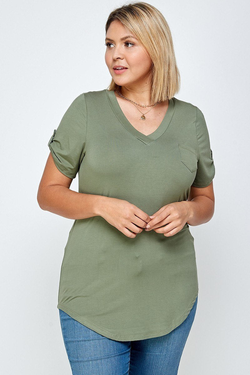 Plus Size Lovely Ladies Rayon Blend Solid Color Short Sleeve Knit V-neck Tee (Olive)