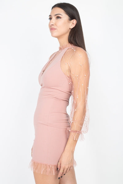 Glenda Glitter Glam Polyester Blend Jewel Pearl Trim Sheer Lace Design Mesh Detail Bodycon Mini Dress (Blush)