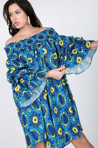 Pippa's Paradise 100% Polyester Puffy Ruffle Sleeve Smocking Off Shoulder Midi Dress (Sky Blue)