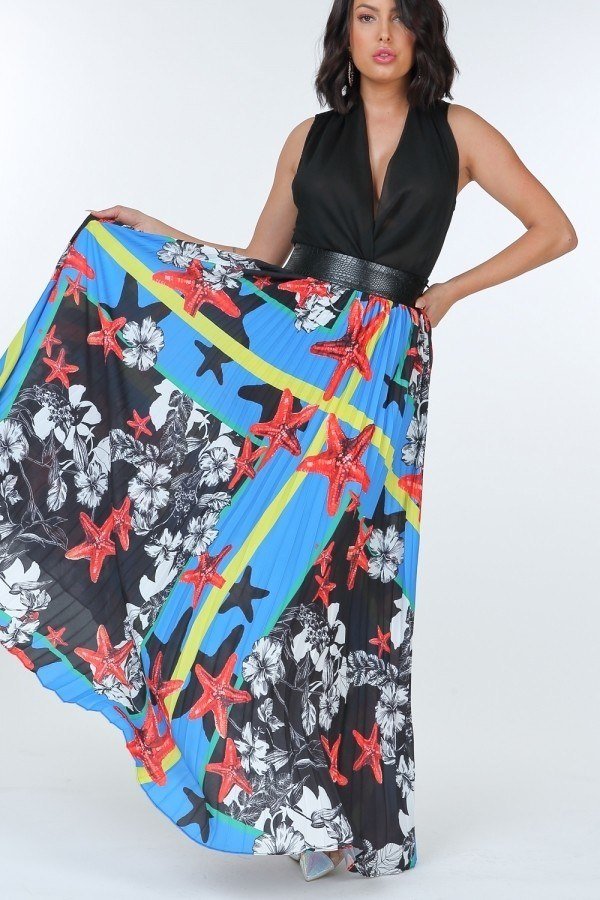 Our Best 100% Polyester Pleated Multi-Floral Print Maxi Skirt With Leather Waist Band (Paradise Blue)