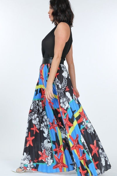 Our Best 100% Polyester Pleated Multi-Floral Print Maxi Skirt With Leather Waist Band (Paradise Blue)