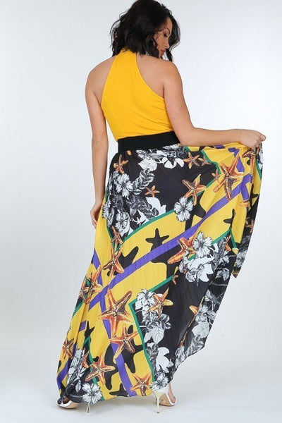 Our Best 100% Polyester Pleated Multi-Floral Print Maxi Skirt With Leather Waist Band (Mellow Yellow)