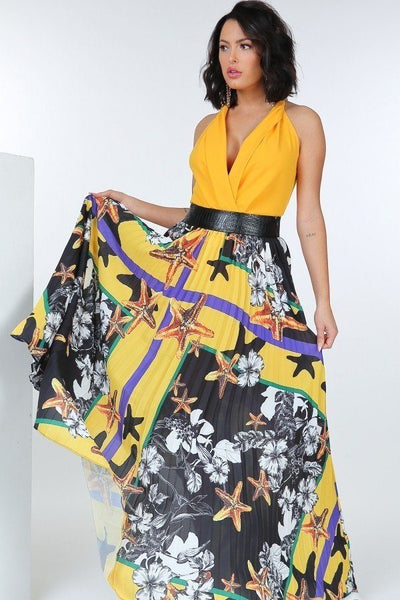 Our Best 100% Polyester Pleated Multi-Floral Print Maxi Skirt With Leather Waist Band (Mellow Yellow)