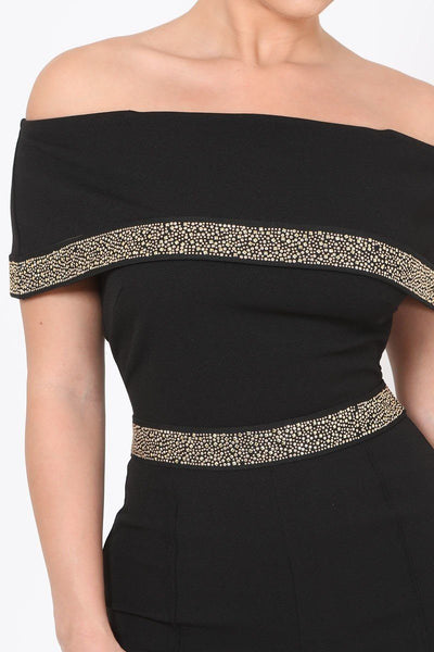Selena Sexie 95% Polyester 5% Spandex Off Shoulder Sequin Front Line Flared Pant Design Jumpsuit (Black)