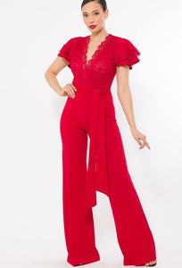 The Delilah 95% Polyester 5% Spandex Cap Sleeve Deep V-neck Crochet Lace Bodice Flared Leg Jumpsuit (Red)