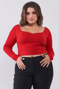 Plus Size Lovely Ladies 95% Cotton 5% Spandex Crimson Long Mesh Sleeve Sweetheart Neck Detail Structured Crop Top (Red)