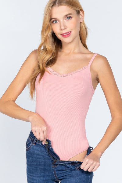 Our Best 90% Rayon 10% Spandex Heavy Rib Cami Lace Trim Bodysuit (Pink)