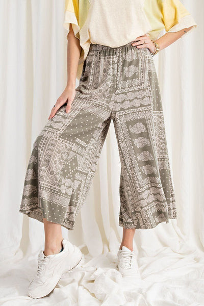 Our Best Polyester/Rayon Blend Terry Knit Wide Leg Vintage Inspired Paisley Comfy Pants (Faded Sage)