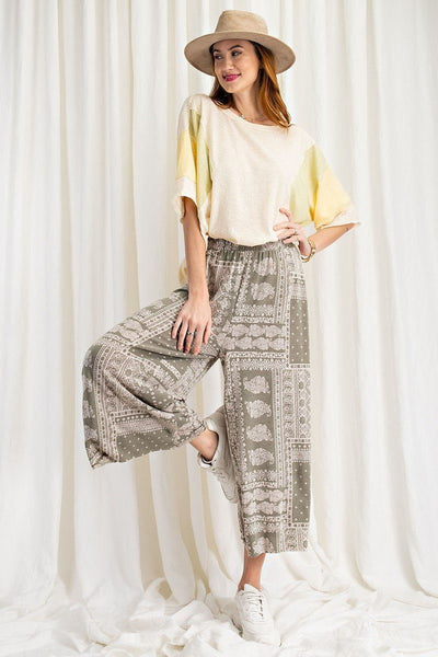 Our Best Polyester/Rayon Blend Terry Knit Wide Leg Vintage Inspired Paisley Comfy Pants (Faded Sage)