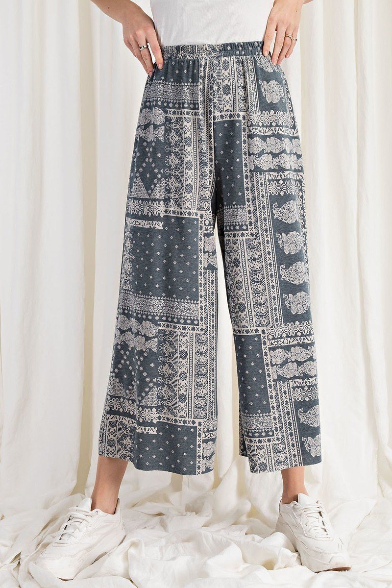 Our Best Polyester/Rayon Blend Terry Knit Wide Leg Vintage Paisley Comfy Pants (Faded Denim)