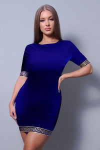 Simple But Sexy 82% Nylon 18% Spandex Round Neckline Basic Geo Trim Bodycon Mini Dress (Gucci Blue)