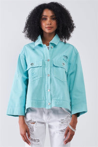 Our Best 100% Cotton Washed Distressed Button-down Front Raw Hem Detail Wide Sleeve Oversized Denim Jacket (Washed Mint)