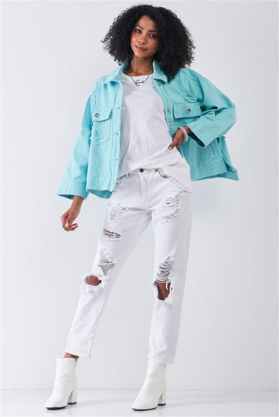 Our Best 100% Cotton Washed Distressed Button-down Front Raw Hem Detail Wide Sleeve Oversized Denim Jacket (Washed Mint)