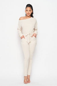 Selena Sexie 90% Polyester 10% Spandex Cold Shoulder Long Sleeve Pocket Detail Waist Tie Jumpsuit (Cream)