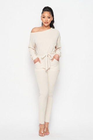 Selena Sexie 90% Polyester 10% Spandex Cold Shoulder Long Sleeve Pocket Detail Waist Tie Jumpsuit (Cream)