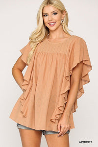 Our Best 100% Rayon Textured Ruffle Sleeve Tunic Top With Back Keyhole Detail (Apricot)