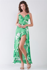 Casual Clubwear 100% Polyester Satin Floral Print Sleeveless V-neck Self-Tie Back Ruffle Trim Side Slit Detail Maxi Dress (Green)