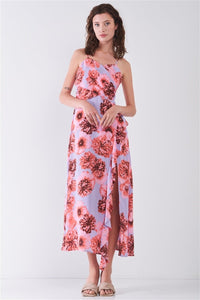 Floral Print 100% Polyester Sleeveless Self-tie Wide Wrap Front Ruffle Hem Side Slit Detail Midi Dress (Coral Lilac)