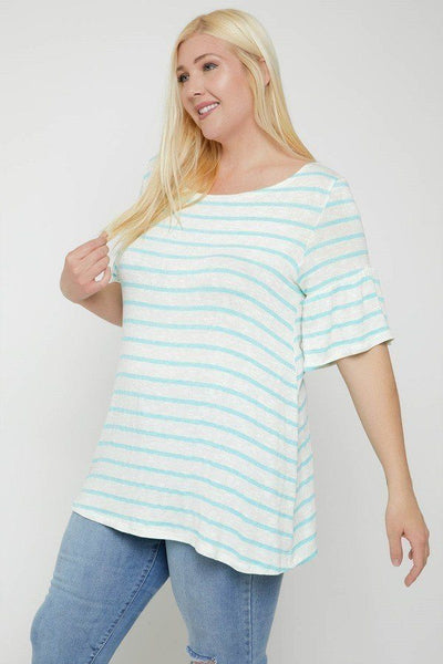 Plus Size Lovely Ladies 33% Rayon 63% Polyester 4% Spandex Striped Flared Sleeves Round Neck Tunic Top (Mint)