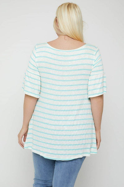 Plus Size Lovely Ladies 33% Rayon 63% Polyester 4% Spandex Striped Flared Sleeves Round Neck Tunic Top (Mint)