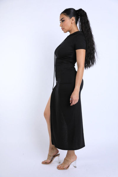 Casual Clubwear Polyester Blend Short Sleeve Slit Skirt Side Zip-up Hoodie Maxi Dress (Black)