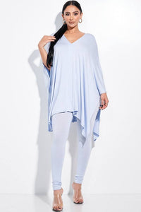 Our Best 96% Rayon 4% Spandex Solid Heavy Rayon Spandex Cape Top And And Leggings Two Piece Set (Blue)