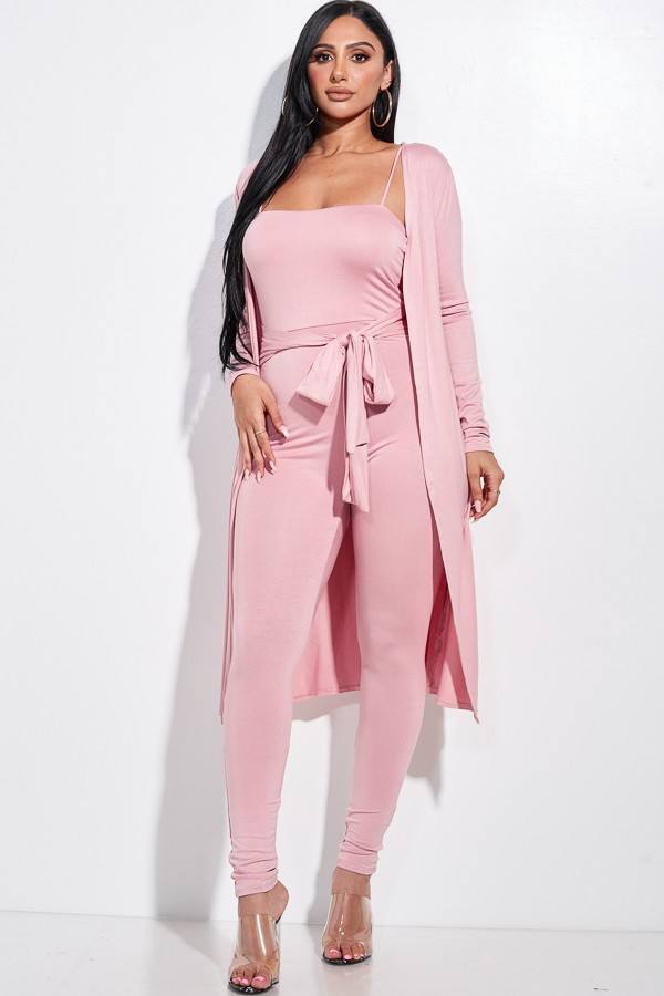 Olid Heavy Rayon/Spandex Blend Spaghetti Strap Sash Waist Tie and Duster Cape Top 2 Piece Set (Pink)