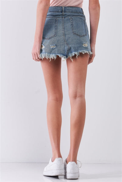 Damsel In Distressed 100% Cotton Washed Denim Distressed High Waist Raw Hem Detail Mini Skirt (Medium Denim)