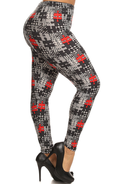 Plus Size Puzzle/plaid Print, Full Length Leggings In A Slim Fitting Style With A Banded High Waist