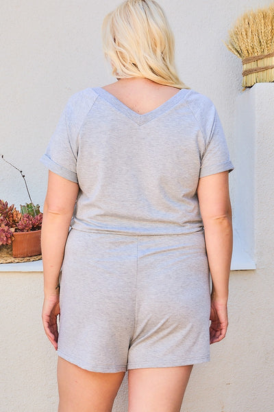 Plus Size Lovely Ladies 92% Polyester 8% Spandex V-Neck Short Raglan Sleeve Elastic Waist Band Side Pocket Solid French Terry Romper (Heather Grey)