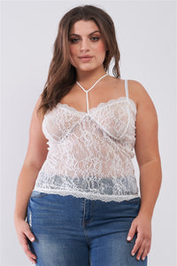 Plus Size Lovely Ladies 92% Nylon 8% Spandex Sleeveless Sheer Lace Halter Neck Detail Bustier Top (White)
