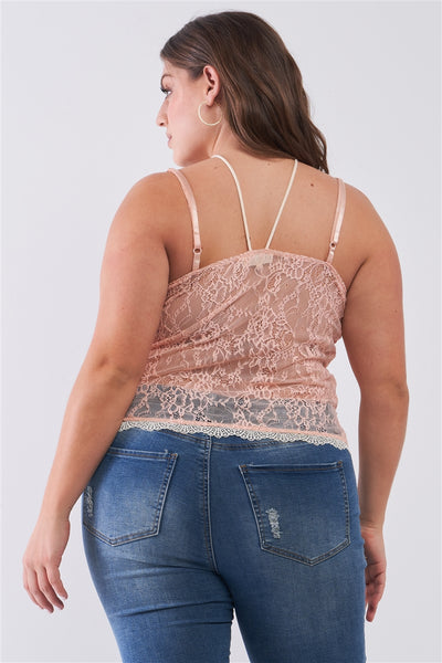 Plus Size Lovely Ladies 92% Nylon 8% Spandex Sleeveless Sheer Lace Halter Neck Detail Bustier Top (Dusty Rose)