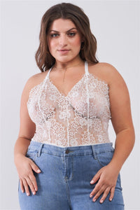 Plus Size Lovely Ladies 100% Polyester Sheer Lace Sleeveless V-neck Criss-cross Back Strap Bodysuit (White)