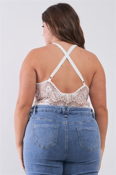 Plus Size Lovely Ladies 100% Polyester Sheer Lace Sleeveless V-neck Criss-cross Back Strap Bodysuit (White)