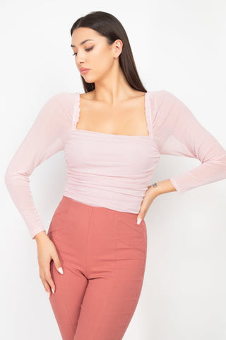 Our Best 10% Spandex 90% Nylon Square Neckline Ruching Mesh Long Sleeve Bodysuit (Light Pink)