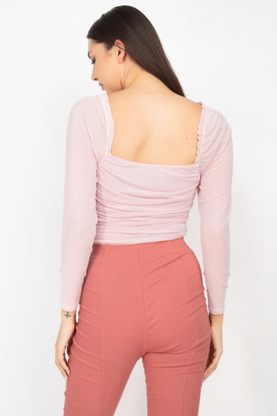 Our Best 10% Spandex 90% Nylon Square Neckline Ruching Mesh Long Sleeve Bodysuit (Light Pink)