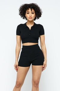 Roxanne Rocks 70% Rayon 30% Nylon Collar Crop Top Two Piece Shorts Set (Black)