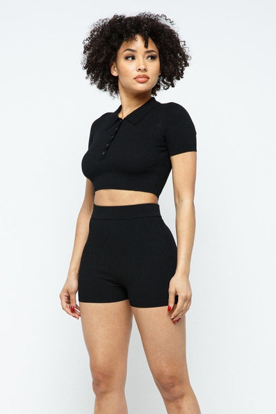 Roxanne Rocks 70% Rayon 30% Nylon Collar Crop Top Two Piece Shorts Set (Black)